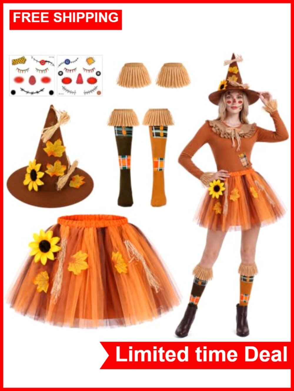 Scarecrow Costume Set Sunflower Tutu Hat Cuffs Socks Adult Women